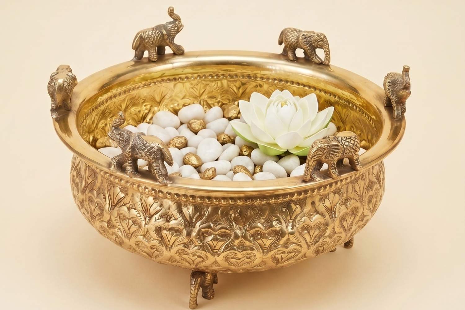 Royal Pure Brass Urli with Elephant Accents