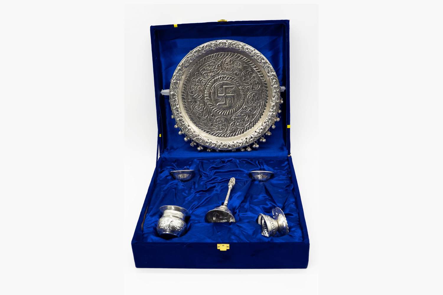 Divine Swastika Silver Pooja Thali Set – Antiqued Finish