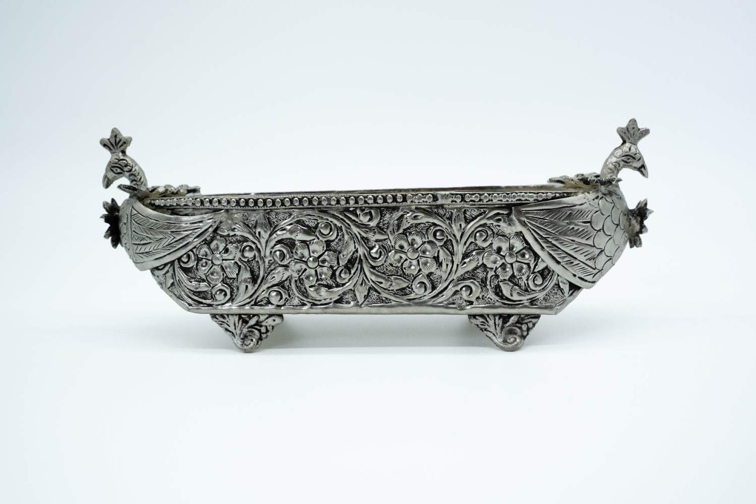 Regal Twin-Peacock Silver Urli Centerpiece