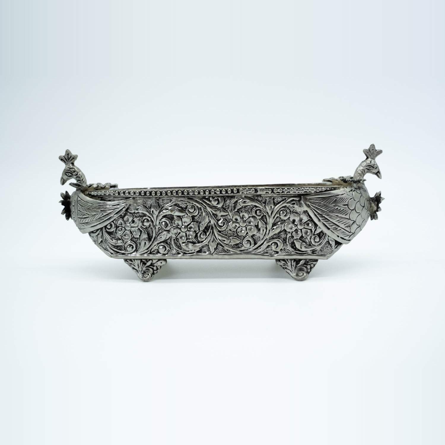Regal Twin-Peacock Silver Long Urli Centerpiece