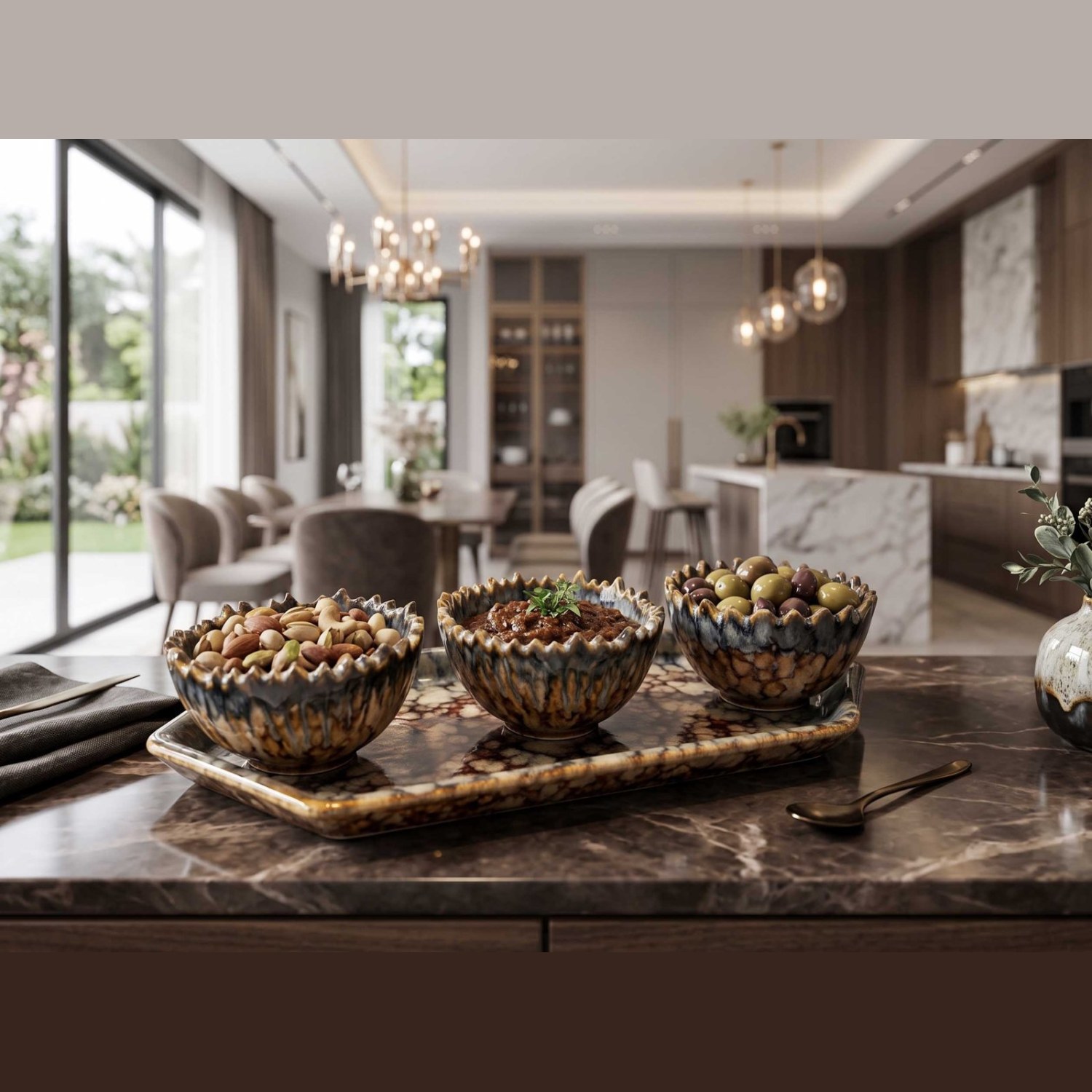 Ceramic 3 Bowl Set with Tray